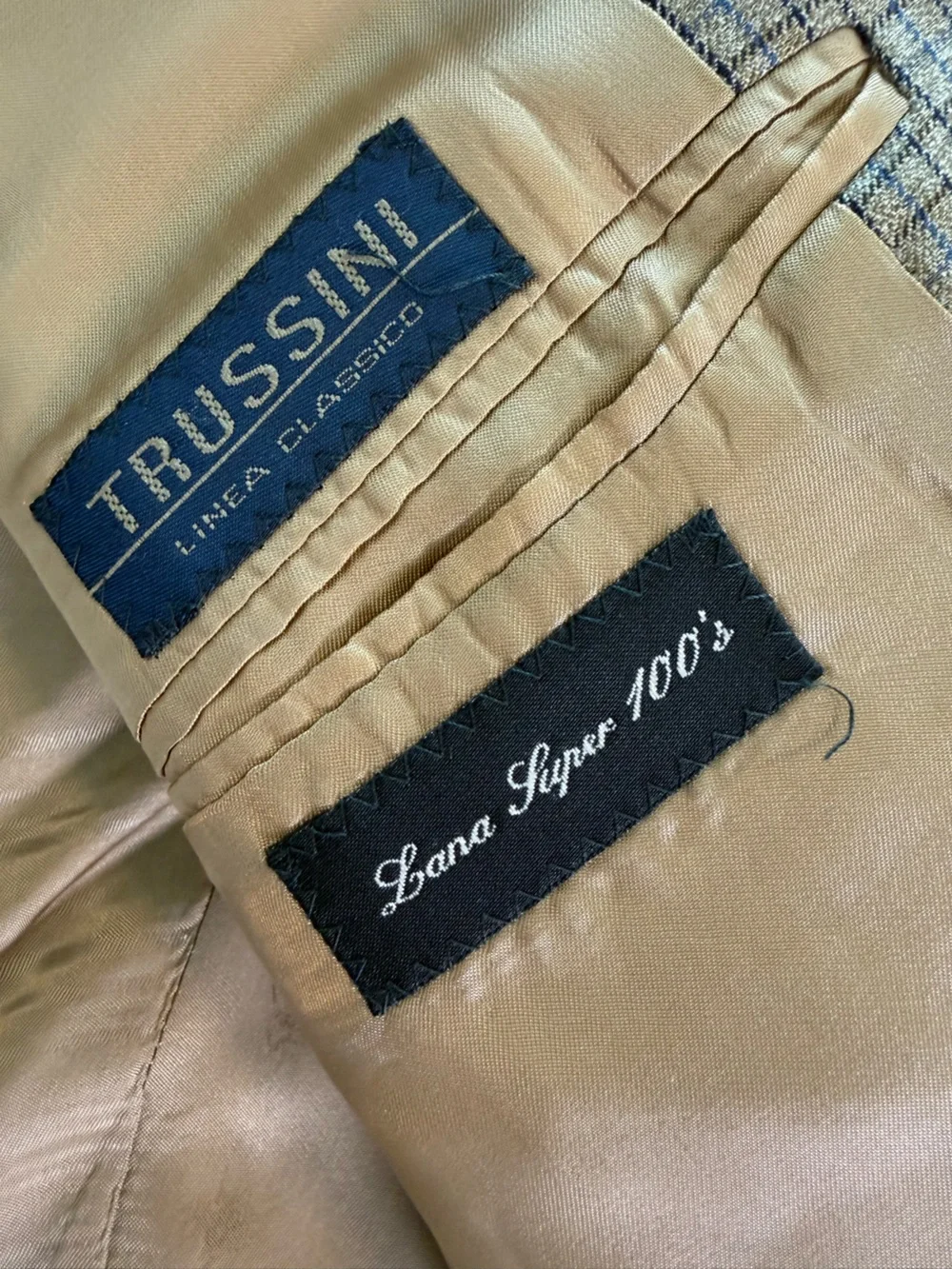 Preppy Trussini 42R Made in Italy Silk Blend Beige Blue Plaid Blazer Y2K Sport